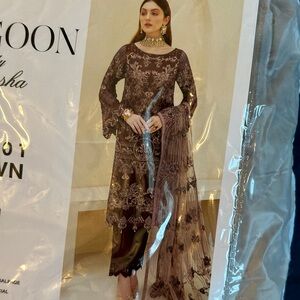 - Ramsha PK Brown Floral 3 Piece Suit Pakistani/ Desi